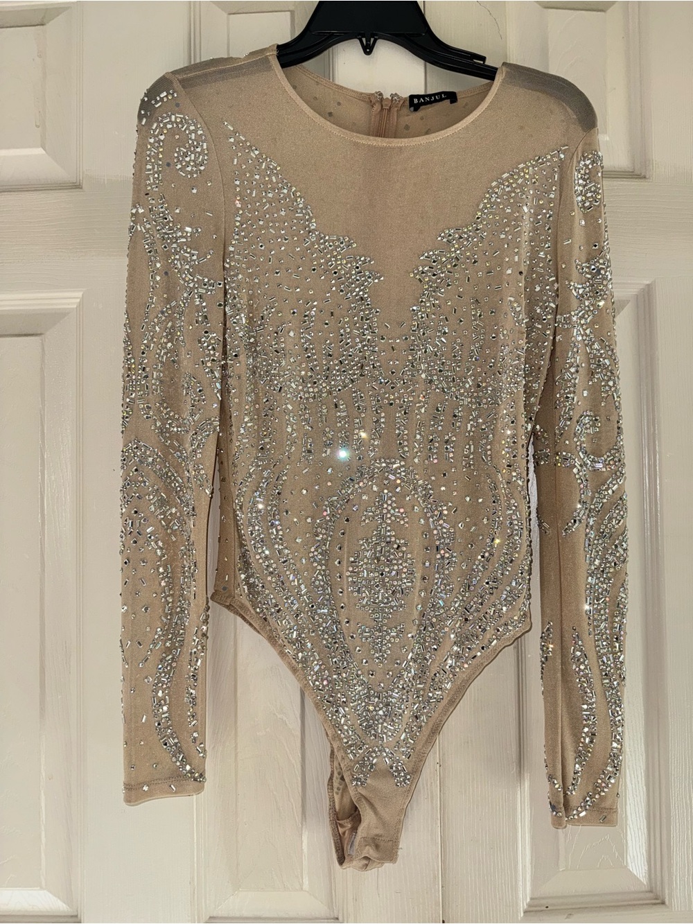 BANJUL Mesh Crystal Embellished Long-Sleeve Bodysuit size L